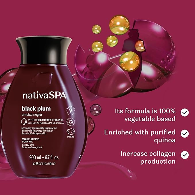Nativa SPA by O Boticário, Black Plum Body Oil, Scented Moisturizer, Enriched with Purified Quinoa Drops to Boost Hydration, 6.8 Ounce-Velvo Beauty