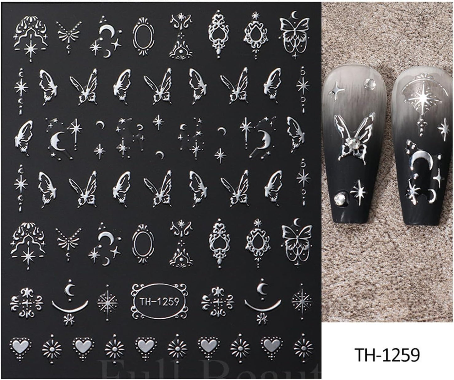 Metallic Silver Nail Art Stickers 3D Self-Adhesive Nails Stickers Bohemian Sun Moon Hexagram Butterfly Heart French Tip Decal Supplies Women DIY Silver Metal Nail Art Decoration 4Sheets-Velvo Beauty