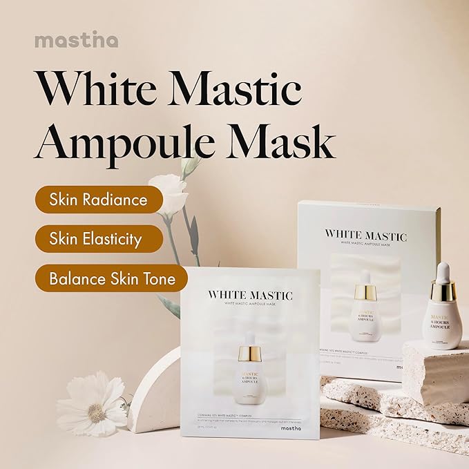 MASTINA White Mastic Ampoule Sheet Mask (4pc) Illuminating, Radiance-Boosting. Ultra-Moisturizing Facial Mask. Intensive Korean Skin Care. Fermented Mastic Gum-Velvo Beauty