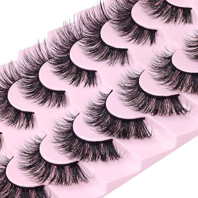 Mink Lashes False Eyelashes Natural Look Wispy Cat Eye Flat Lashes 3D Mink Lashes Natural Fake Lashes 18mm Strip Lashes Pack 7 Pairs-Velvo Beauty