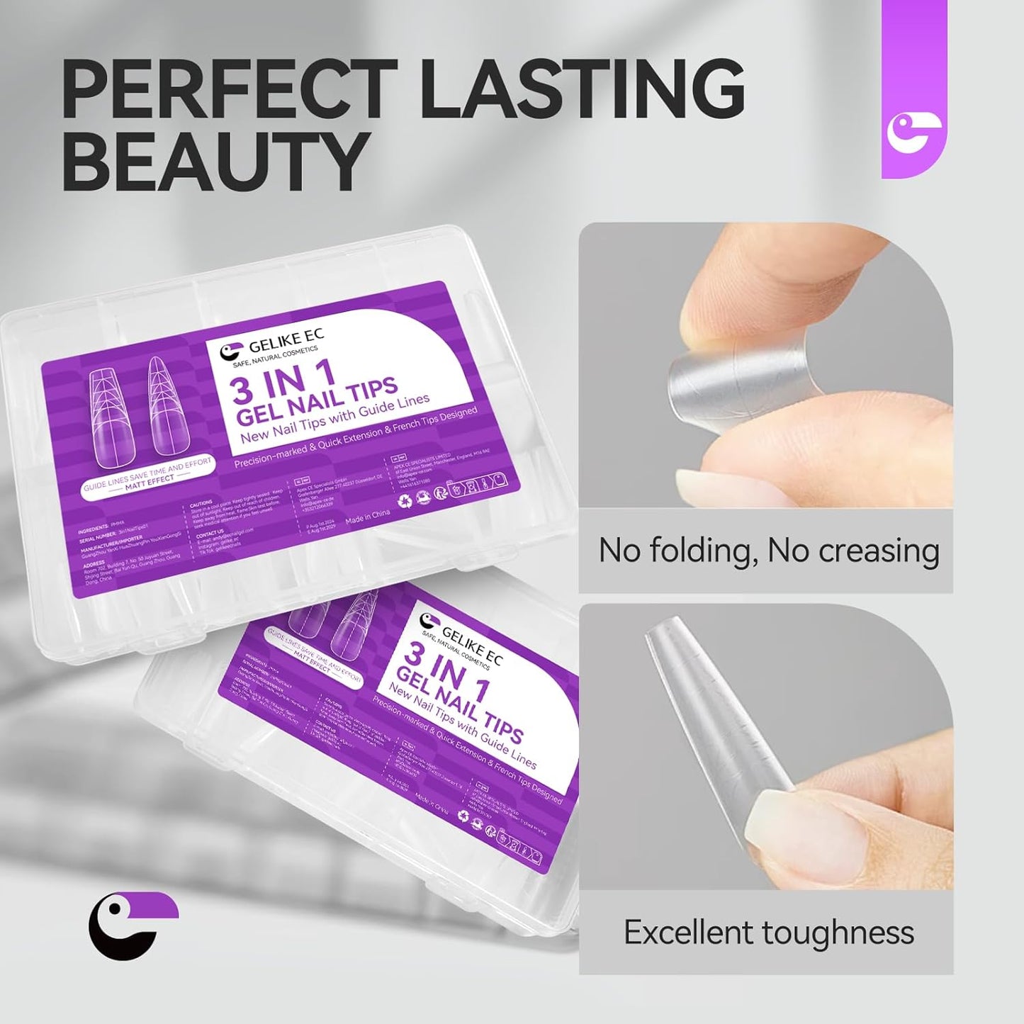 Guiding Line Nail Tips for Salon: Gelike EC Full Matte Coffin Gel Nail tips with Auxiliary Positioning Line - Nail Extension Tips for Professional -100 Pcs 10 Sizes-Velvo Beauty