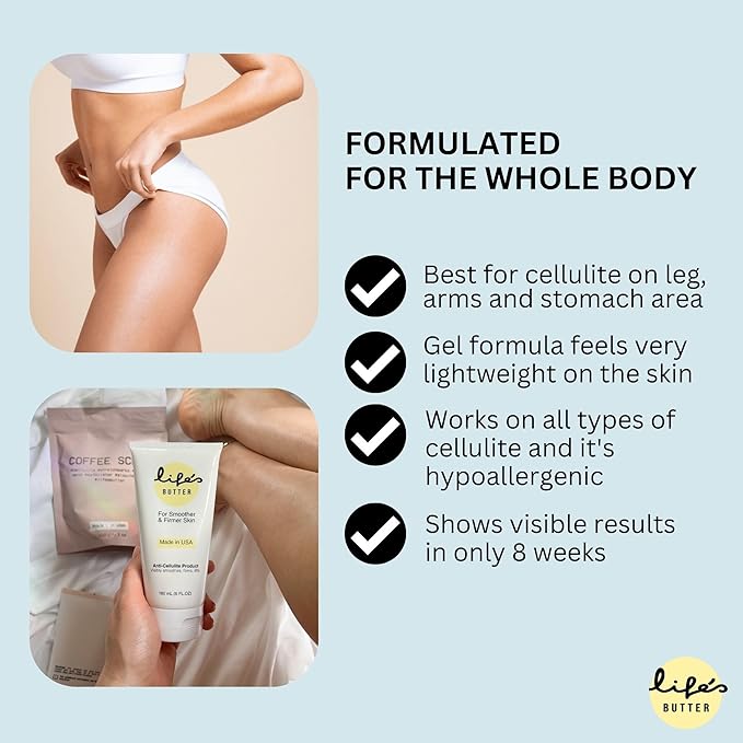 Life's Butter Anti-Cellulite Cream with L-Carnitine, Coenzyme Q10 | Skin Smoothening Natural Product | Fights Cellulite and Stretch Marks | 6 fl oz (Scent-Free) + Dry Brush-Velvo Beauty