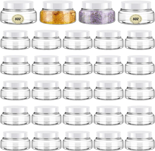 Tessco 24 Pack Plastic Jars with Lids Labels Empty Clear Plastic Jars Round Refillable Cosmetic Containers Body Butter Containers Bulk Sugar Scrub Bottle for Make Up(5 oz,White)-Velvo Beauty