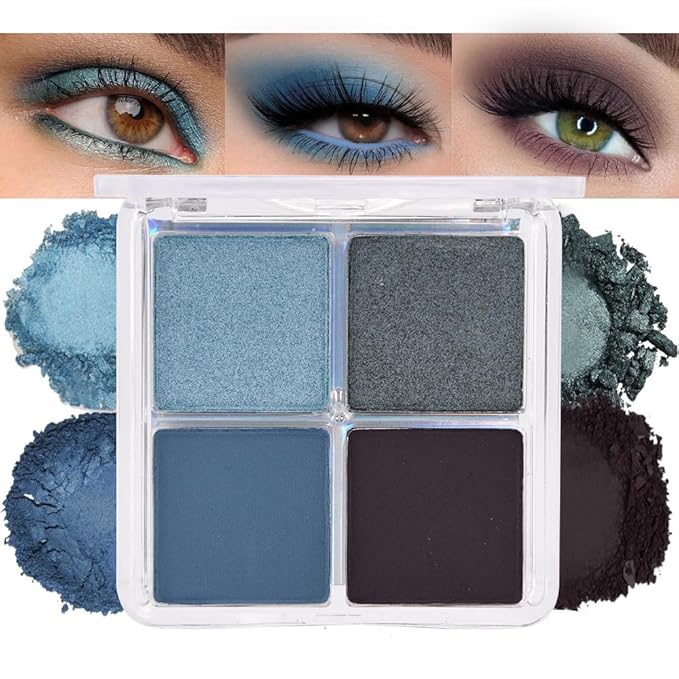 evpct Eyeshadow Quad Palette, Dark Teal Sky Navy Cyan Blue Mauve Purple Taupe Glitter Shimmer Metallic Matte High Pigment Mini Eye Shadow Palette Makeup for older Women Smudge Proof Vegan Cruelty-free-Velvo Beauty