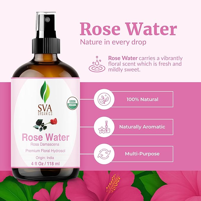 SVA ORGANICS Rose Water 4oz (118 ml) Refreshing Rose Water Spray for Skin Care, Skin Hydration, Bath, Soaps, Haircare & Aromatherapy-Velvo Beauty