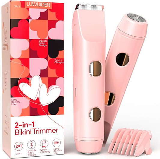 2 in 1 Bikini Trimmer for Women, Smooth and Painless Electric Razors for Women, IPX7 Waterproof Women's Electric Shaver, Rechargeable Bikini Underarm Legs Arm Body Face Trimmer Womens Shaver (Pink)-Velvo Beauty
