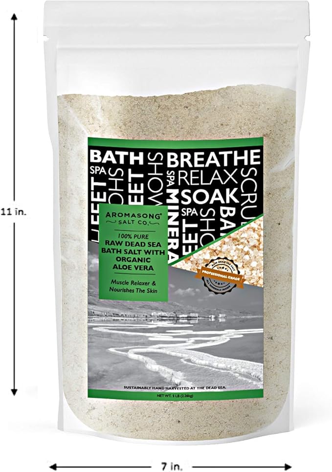 Aromasong 5 lbs Raw Dead Sea Salt with Organic Aloe Vera, not Cleaned, Still Contains All Dead sea Minerals Including Dead sea Mud, Fine Medium Grain Large resealable Bulk Pack (Packaging May Vary)-Velvo Beauty