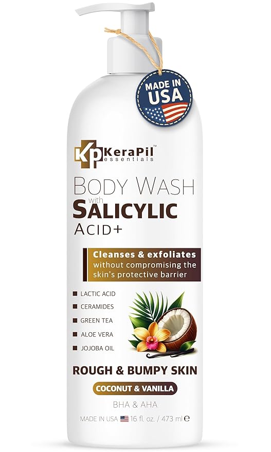Exfoliating Body Wash with Salicylic Acid - No Dry Out, Gentle Exfoliates Rough and Bumpy Skin, Body Acne Wash, BHA & AHA - Coconut and Vanilla with Salicylic Acid - (16 fl oz)-Velvo Beauty