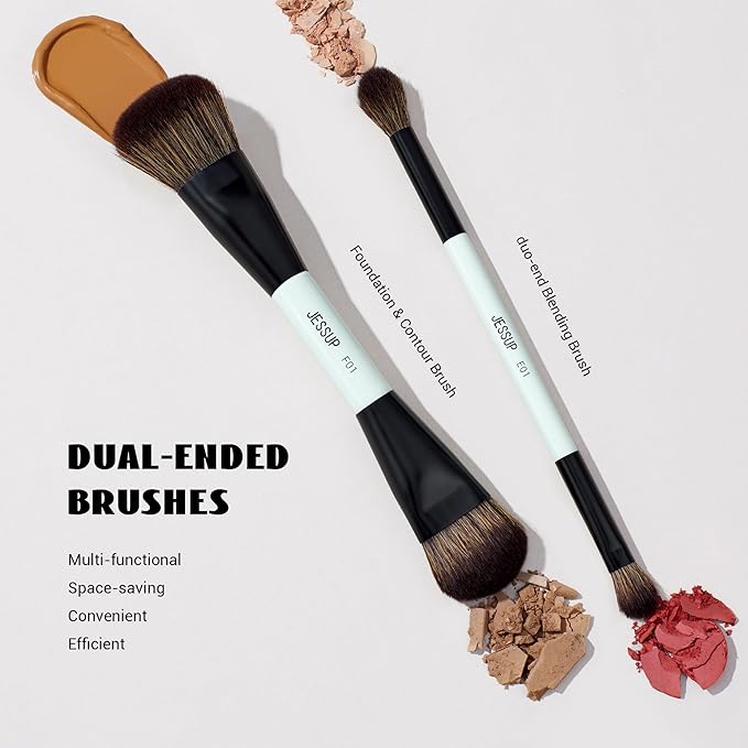 Jessup Makeup Brushes 2pcs Double Sided Foundation Brush Contour Brush Dual Ended Eye Blending Brush, Multi-functional Cosmetic Brush Bright Cyan T502-Velvo Beauty