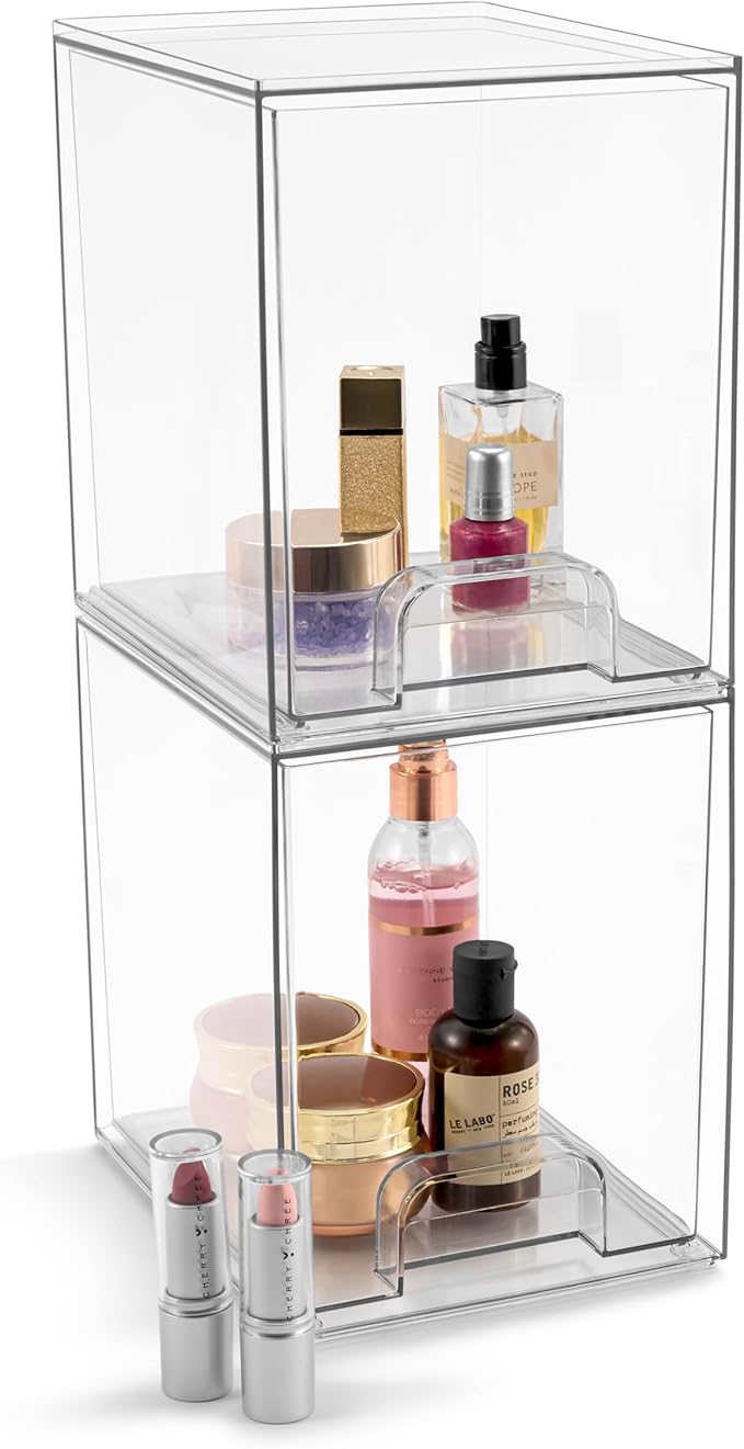 Sorbus Acrylic Storage Containers - 2 Pack, Stackable Storage Bins Set for Bathroom Organization - Clear Acrylic Drawer Organizers - Makeup Case Pull-Out Drawers (7.6’’ Tall)-Velvo Beauty