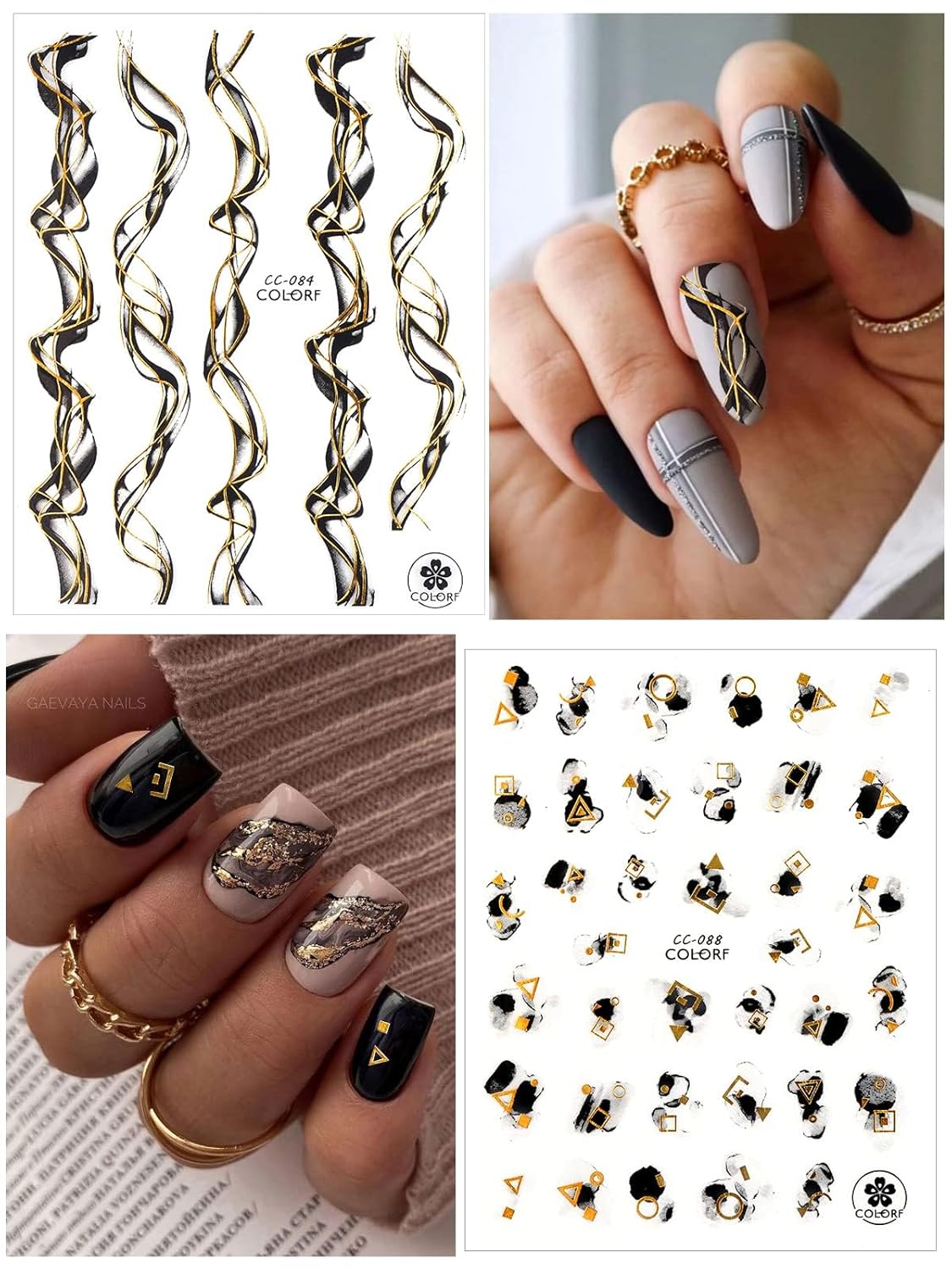 TOROKOM 12 Sheets Nail Art Stickers Decals,Self-Adhesive Black White Gold Stripe Line Nail Decals Marble Wave Nail Sticker Supplies for 3D Nail Design Nail Accessories for Women French Nail Decoration-Velvo Beauty