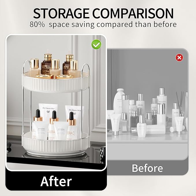 Rotating Makeup Organizer for Vanity, 2 Tier High-Capacity Skincare & Makeup Storage, Perfume Organizer, Cosmetic Dresser, Countertop 360 Spinning-Velvo Beauty
