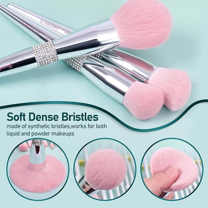 Bueart Design Elegant pink Ultra soft labeled Makeup Brushes Sets with Brush Holder makeup brush set with Foundation Powder blush blending contour Brush (15Pcs Silver Pink+Holder)-Velvo Beauty