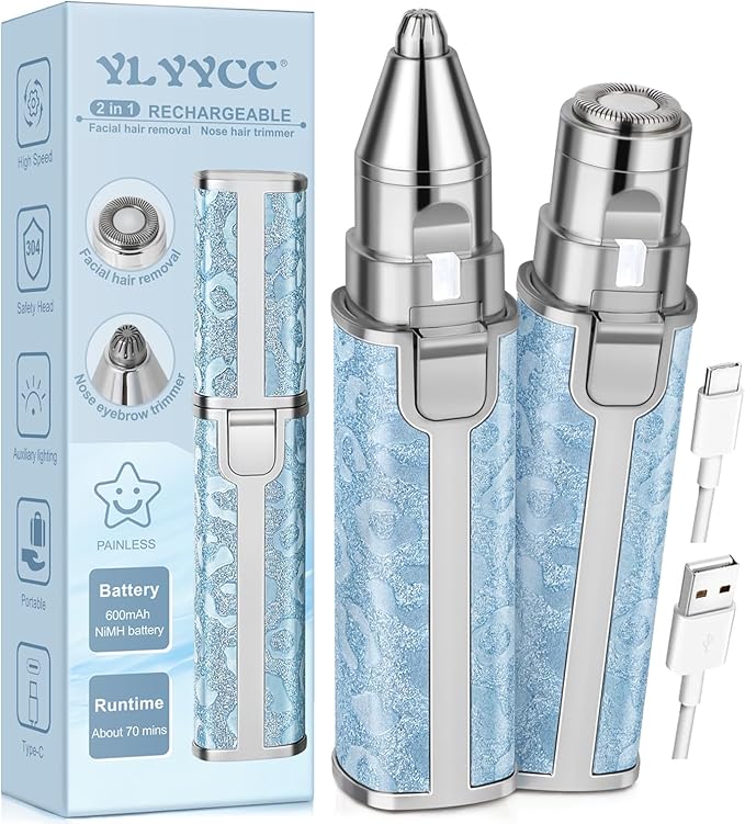 Facial Hair Remover for Face Lip, Electric 2 in 1 Face Shaver and Eyebrow Trimmer, Rechargeable Blue Nose Hair Trimmer for Women with Built-in LED Light-Velvo Beauty
