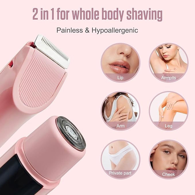 2 in 1 Bikini Trimmer for Women Dual Head Electric Shaver with LED Display,IPX7 Waterproof Wet & Dry, Painless Shaver for Underarm Leg Arm Body Face Private Area Pink-Velvo Beauty