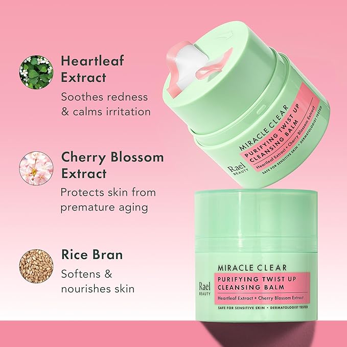 Rael Miracle Clear Cleansing Balm – Makeup Remover, Twist-Up Face Cleanser, Double Cleanse, Non-Comedogenic, with Rice Bran & Jojoba Oils, Vegan, Korean Skin Care, All Skin Types (1.69 fl oz)-Velvo Beauty