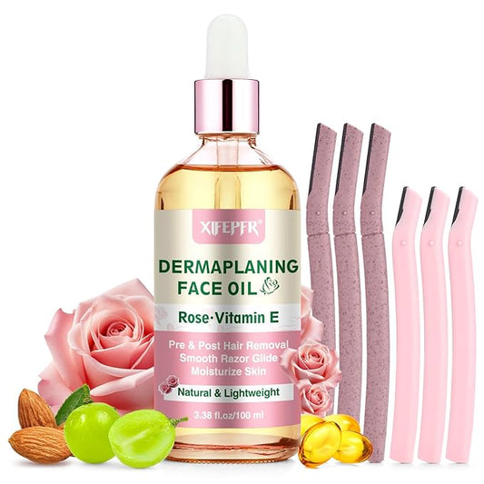Dermaplaning Kit, Rose & Vitamin E Oil, Shave Oil with Dermaplaning Tools for Women, Facial Razor, Eyebrow Razor, Softens Area Pre Shave & After Shave-Velvo Beauty