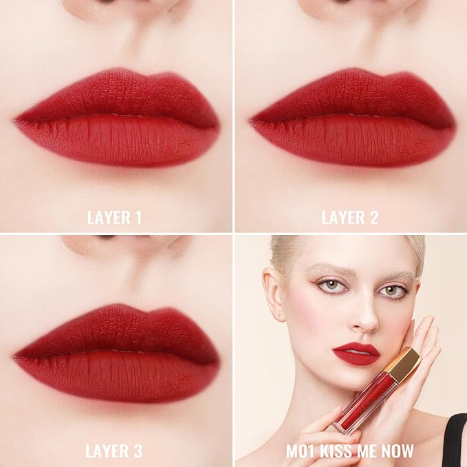 Oulac Matte Liquid Red Lipstick for Women, Deep Red Lip Gloss Creamy Matte Texture, Waterproof, Non-Stick Cup, Extra-Pigmented Lip Tint Stain with Vitamin E & Rose Oil, Vegan, Cruelty-Free, M01-Velvo Beauty