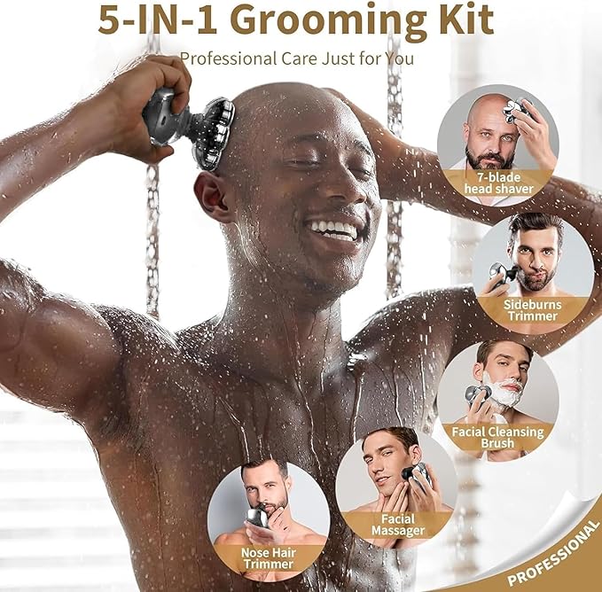 Detachable Head Shavers, SHPAVVER 5 in 1 Electric Razor IPX7 Waterproof for Bald Men, Wet Dry LED Display Rechargeable 7D Rotary Shaver Grooming Kit with Type C Charge A,Bright Silver-Velvo Beauty