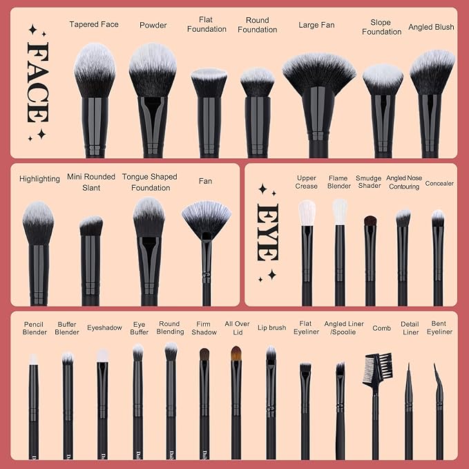 29pcs Black Professional Makeup Brush Set Kabuki Powder Concealers Eye shadows Blush Eyeliner Eyebrow Contour Eye blending Brushes (29pcs brush)-Velvo Beauty