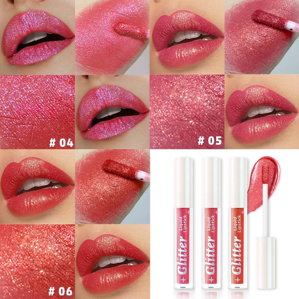 3Pcs Metallic Lipstick for Women,Lightweight Glitter Sparkling Liquid Lipsticks,Shimmer Lip Gloss Stain Long Lasting Waterproof Smudge Proof Non-Drying 24 Hour Full Coverage Lip Makeup,Vegan-Velvo Beauty