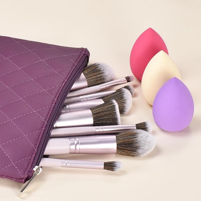 10 Piece Purple Makeup Brushes Set and 3 Piece Makeup Sponge - Wooden Handle with Soft Synthetic Bristles, for Face & Eye Makeup | Professional Cosmetic Brushes | Includes Travel Pouch-Velvo Beauty