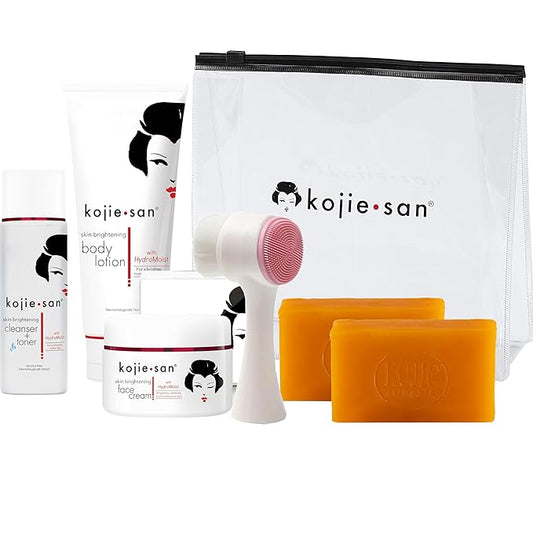 Kojie San Face & Body Shower Set - The Original Kojic Acid Soap that Reduces Visibility of Dark Spots, Hyperpigmentation, and Other types of Skin Damage – 135g x 2 Bars with Lotion, Cream and Toner-Velvo Beauty