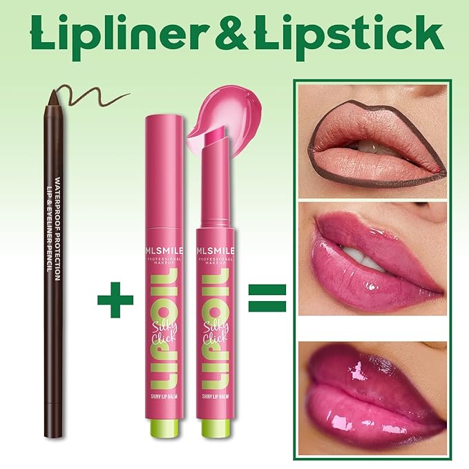 2 in 1 Solid Click Lip Gloss Pen With Brown Lip Liner Set Moisturizing Long Lasting Light Pink High Glossy Jelly Tinted Lip Balm Juicy Buildable Lip Plumper Makeup for Women-Velvo Beauty