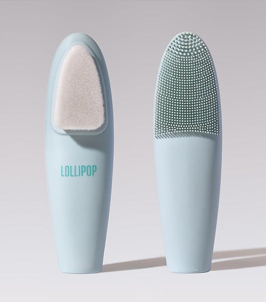LOLLIPOP Dual-Sided Facial Cleansing Brush | Handle Size Silicone Face Exfoliator and Soft Fiber Cleanser | Manual Face Scrubber for Pores, Makeup Removal, Blackhead and Skincare Routine, Oceanic-Velvo Beauty