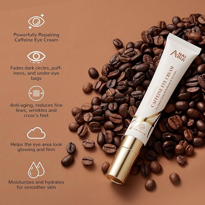 ANAI RUI Caffeine Eye Cream, Niacinamide Eye Cream for Dark Circles and Puffiness, Anti Aging & Friming Eye Cream with Eye Roller, Caffeine Under Eye Cream for Puffy Eyes, Bag Treatment 0.5 FL.OZ-Velvo Beauty