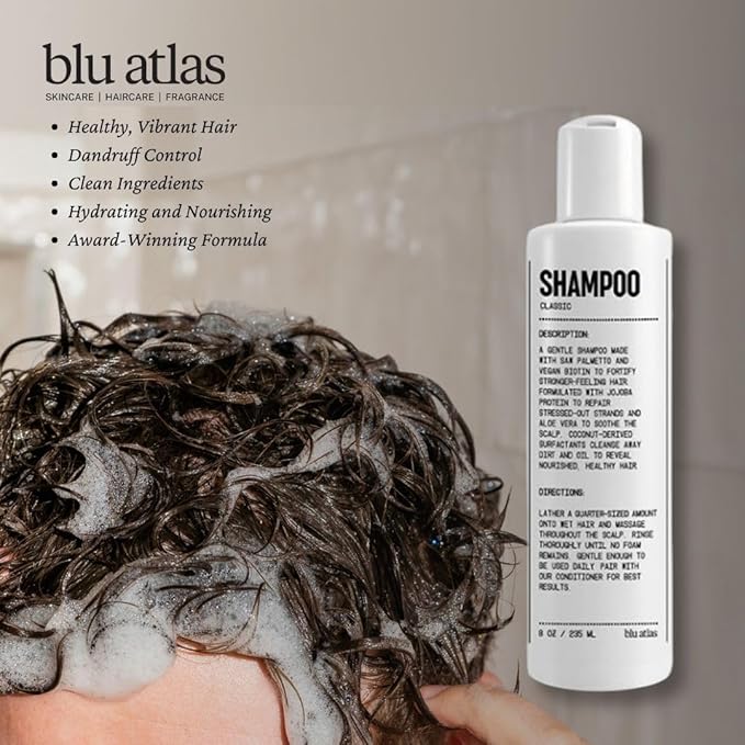 Blu Atlas Men's Natural Shampoo – Organic, Sulfate-Free, Paraben-Free – Deep Cleansing & Hydrating – Classic Scent (Bergamot, Sage, Patchouli) – Made in America– 8 oz-Velvo Beauty