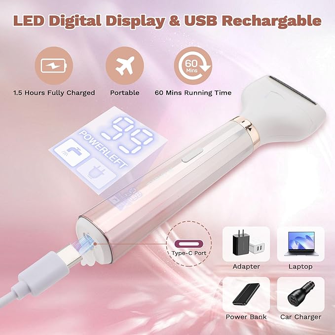 Electric Razors for Women, 5 in 1 Bikini Trimmer for Women, Wet/Dry Electric Shaver, Painless Womens Razor Shavers, Facial Hair Removal for Face Nose Eyebrow Arms Armpit Legs Pubic Area-Velvo Beauty