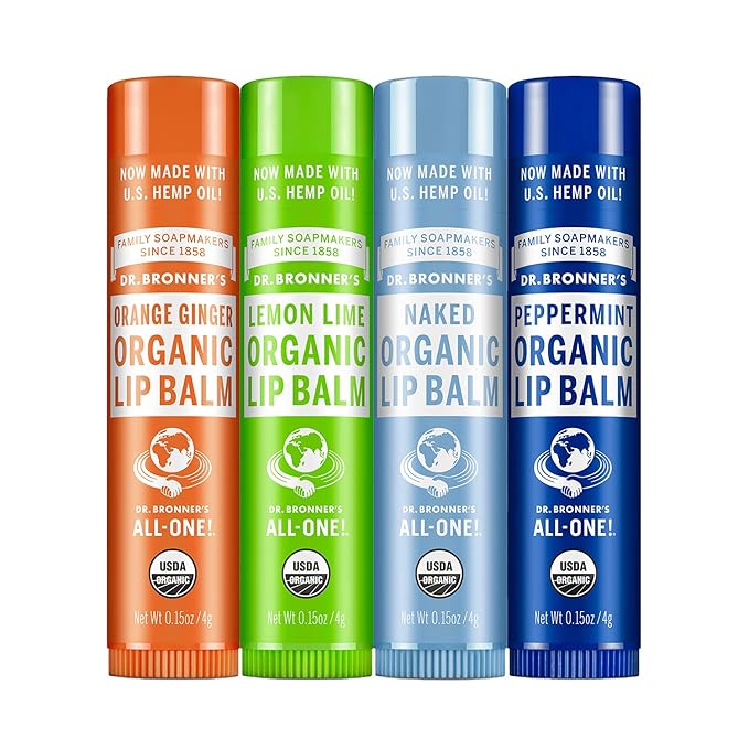 Dr. Bronner's - Organic Lip Balm Variety Peppermint, Orange Ginger, Naked, Lemon Lime) - Made with Organic Beeswax and Avocado Oil, For Dry Lips, Hands, Chin or Cheeks, 0.15 Ounce (Pack of 4)-Velvo Beauty