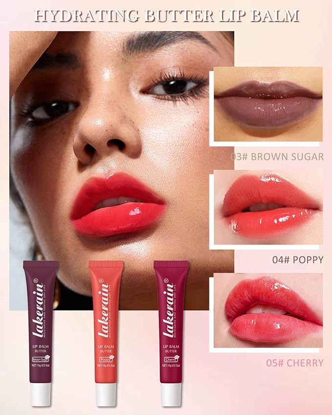 Tinted Lip Butter Balm-3 Colors Vanilla Beige Brown Poppy Pink Sugar Glossier Lip Gloss, Jelly Yummy Lip Stain Balm,Long Lasting Hydrating Non-Sticky Glow Reviver Fat Lip Care Oil for Women-Set B-Velvo Beauty