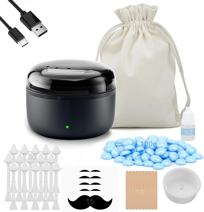 Nose Wax Kit - Travel Wax Warmer for Hair Removal with 100g Waxs, 15 Applicators, 30 Nose Hair Sticks 2 Silicone Pots, 1 Bag Constant Temperature, 15-20 Times Black - Round | Black | Mini-Velvo Beauty