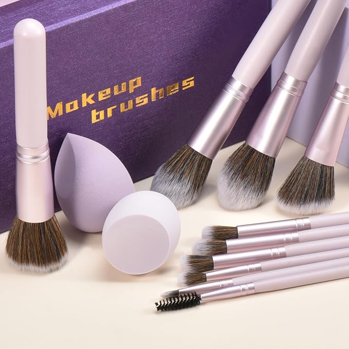 Gift Ready 10 Piece Purple Makeup Brushes Set and 2 Piece Makeup Sponge – Wooden Handle with Soft Synthetic Bristles, Concealer, Powder – (Ideal for Christmas, Birthday, Women)-Velvo Beauty