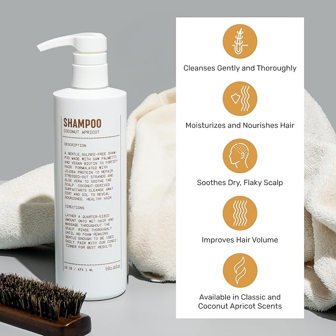 Blu Atlas Men's Natural Shampoo – Organic, Sulfate-Free, Paraben-Free – Deep Cleansing & Hydrating – Coconut Apricot Scent – Made in America – 16 oz-Velvo Beauty