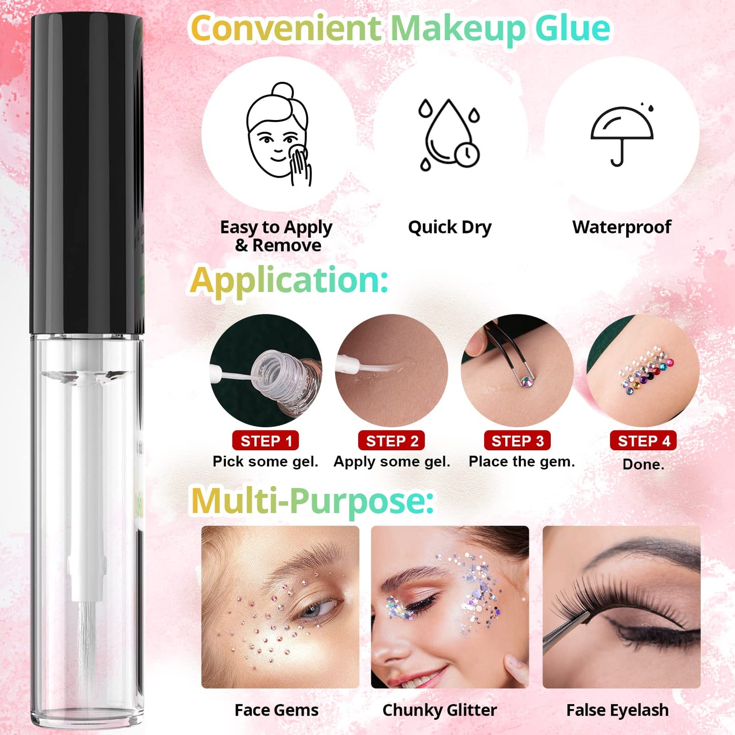 Round Flatback Face Gems Kit (Colorful) for Makeup with Quick Dry Glue + Brush + Tweezer, Nail Art Rhinestones Mixed Color Iridescent Chameleon Glass Crystal Beads for Make-up Deco-Velvo Beauty