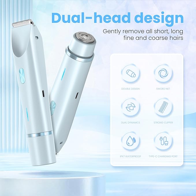 Bikini Trimmer for Women-2 in 1 Electric Razors for Women,USB Rechargeable Bikini Electric Shaver,IPX7 Waterproof Dry & Wet Use Body Hair Trimmer and Facial Hair Remover for Underarm Leg Body,Blue-Velvo Beauty