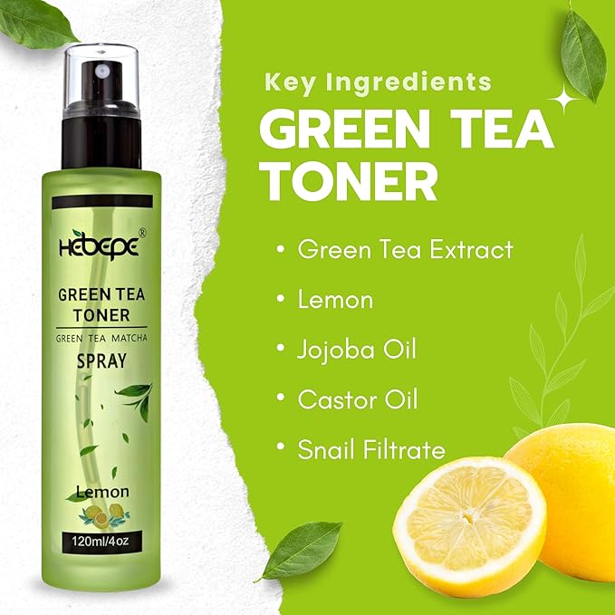 Green Tea Matcha Facial Toner Mist with Lemon, Refreshing, Moisturizing, and Soothing Face Toner, with Jojoba Oil, Castor Oil, Snail Filtrate,120ml-Velvo Beauty