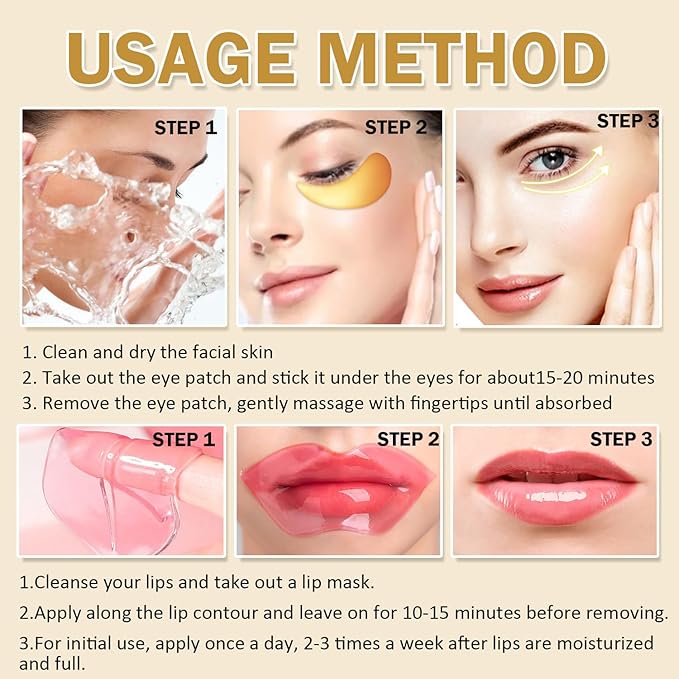 20 Pieces Lip Masks&24K Gold Gel Eye Masks,Crystal Collagen Under Eye Masks,Moisturizing Cherry Lip Patches Skin Care,Reducing Fine Lines & Dark Circle for Puffy Eyes,Birthday for Women-Velvo Beauty