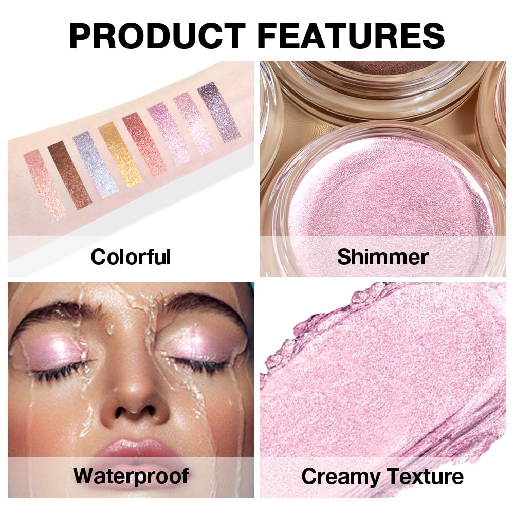 Cream Glitter Soft Pink Shimmer Metallic Eyeshadow Palette Makeup, Natural Single Mini Instant Holographic Eyeshadow For Women, Sombras Crema Para Ojos, Talc, Paraben & Cruelty Free-Velvo Beauty