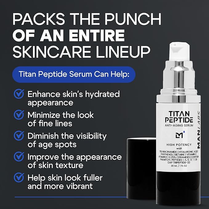Titan Anti-Aging Peptides Serum for Face – High Potency Mens Peptide Serum Moisturizer – Mens Skin Care – Men, Dark Spots, Wrinkles, Fine Lines – Peptides, 5% Niacinamide, HA – Unscented-Velvo Beauty