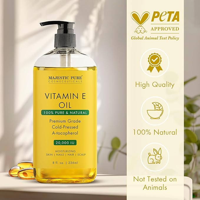 Majestic Pure Vitamin E Oil - 100% Pure & Natural, 20,000 IU | Premium Grade, Cold-Pressed and Tocopherol to Repair Dry, Damaged Skin| Moisturizing Skin, Hair and Scalp 8 Fl Oz-Velvo Beauty