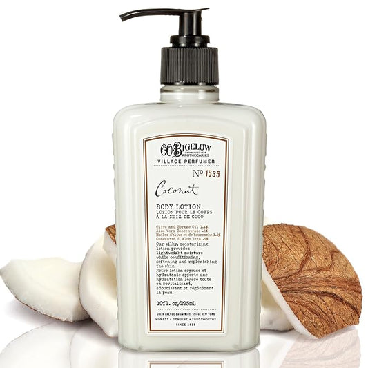C.O. Bigelow Coconut Body Lotion, Village Perfumer Moisturizing Body Lotion with Aloe Vera, Borage Oil & Olive Oil, 10 Fl Oz-Velvo Beauty