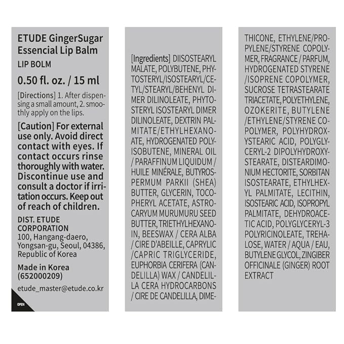 ETUDE Ginger Sugar Essential Lip Treatment 15ml | Gentle Korean Lip Skin Care| Smooth and Moist Lips| Natural Ingredients Nourish & Hydrate Ginger, Sugar, Shea Butter Give Moisturizing Relaxing Effect-Velvo Beauty