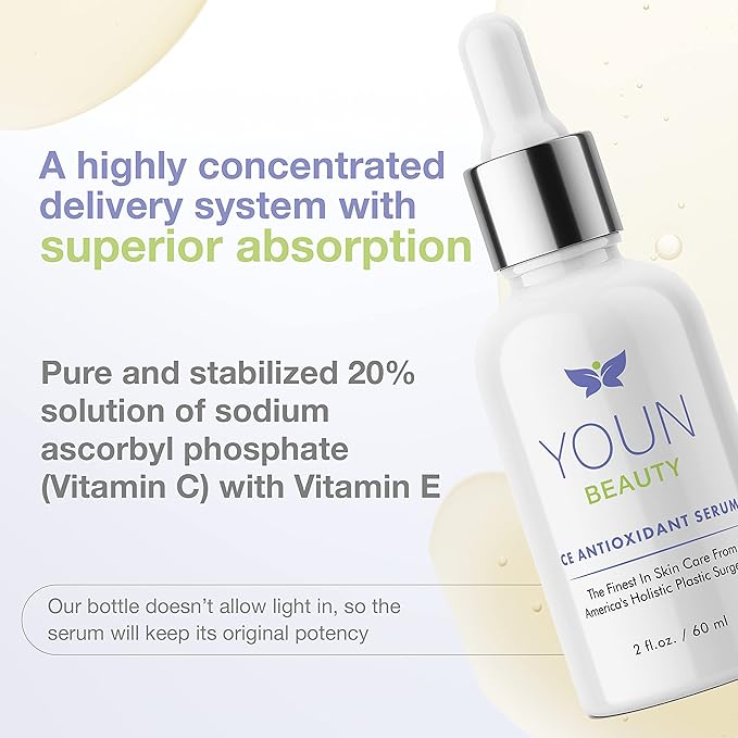 YOUN Beauty 20% Vitamin C Face Serum with Hyaluronic Acid, Ferulic Acid & Vitamin E by Holistic Plastic Surgeon Dr. Anthony Youn | Antioxidant Serum for Face for Skin Hydration, 60 ml-Velvo Beauty
