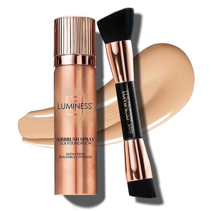 LUMINESS Silk Airbrush Spray Foundation & Buffing Brush Kit – Full Coverage Foundation & Dual-Sided Buffing Brush - Buildable Coverage, Anti-Aging Formula Hydrates & Moisturizes (Shade - Fair)-Velvo Beauty