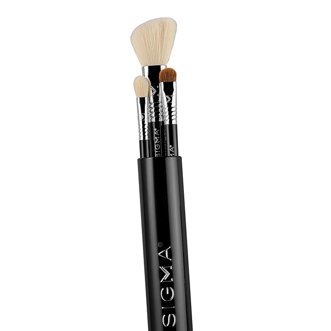 Sigma Beauty Travel Essential Trio - Makeup Brush Set for Foundation Powder Eyeshadow - 3 Tool Brushes with Brush Tin Holder - Skin Safe, Vegan Makeup Brushes for Travel - Black-Velvo Beauty