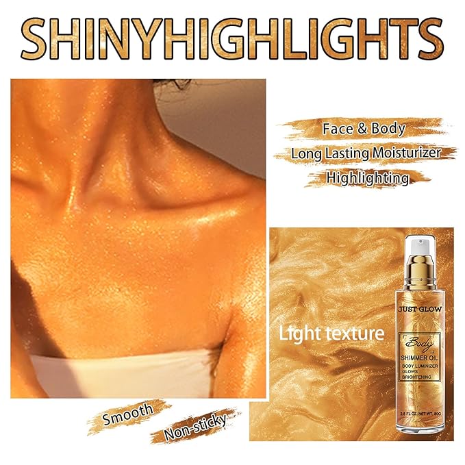 Shimmer Body Oil, Face and Body Liquid Luminizer Waterproof Moisturizing, Light Shimmer Glow Illuminator, Smooth Body Highlighter Makeup Liquid Body Shimmer (2# Gold)-Velvo Beauty